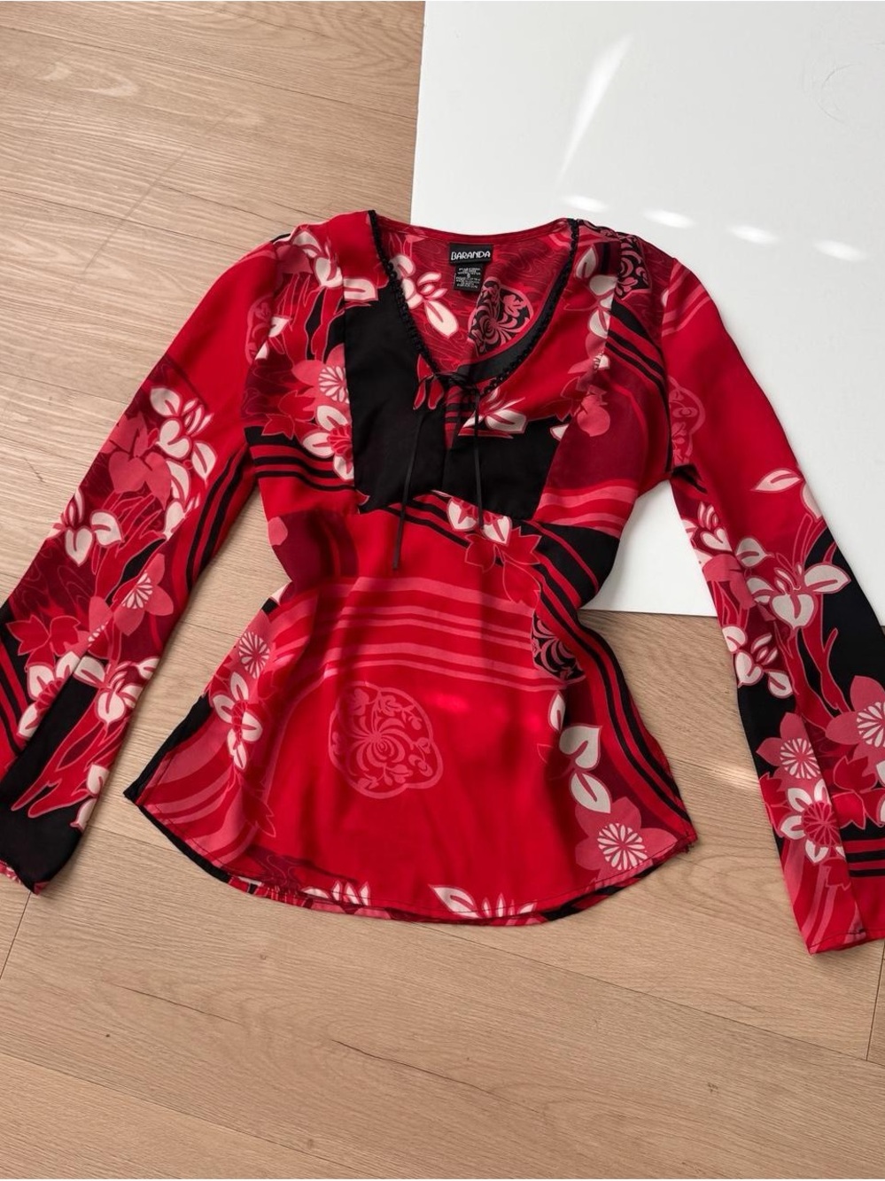 Y2K Red Sheer Blouse Small Bell Sleeves Fairycore Abstract Floral Festival